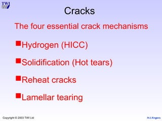 M.S.Rogers
Copyright © 2003 TWI Ltd
Cracks
Hydrogen (HICC)
Solidification (Hot tears)
Reheat cracks
Lamellar tearing
The four essential crack mechanisms
 