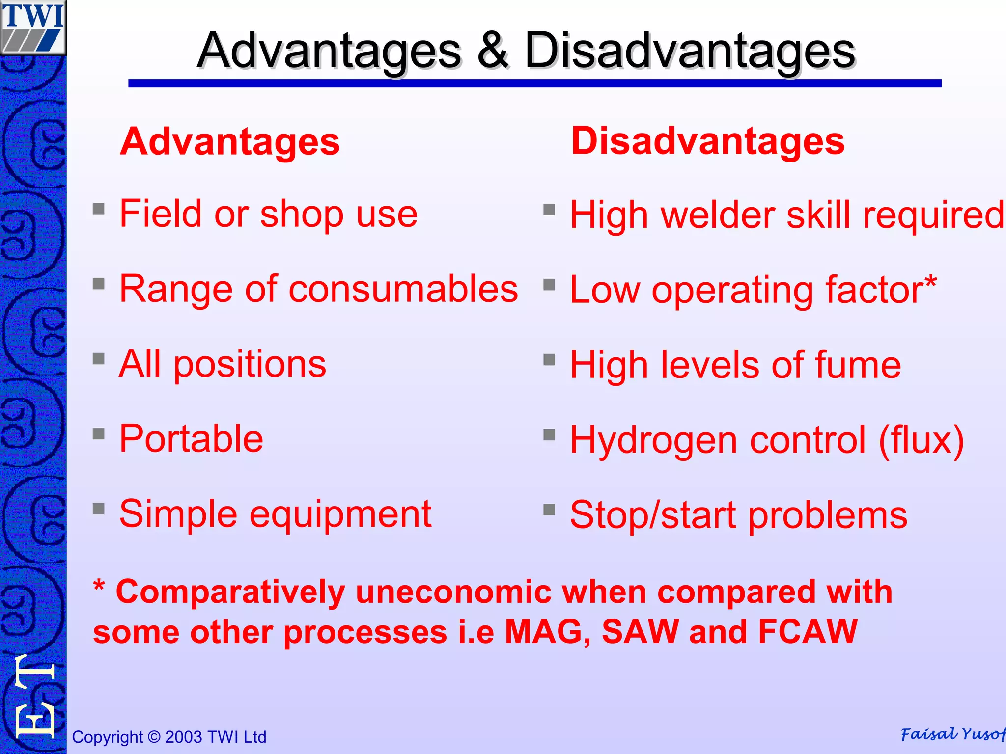 Faisal YusofCopyright © 2003 TWI Ltd
TE Advantages & DisadvantagesAdvantages & Disadvantages
Advantages Disadvantages
 Field or shop use
 Range of consumables
 All positions
 Portable
 Simple equipment
 High welder skill required
 Low operating factor*
 High levels of fume
 Hydrogen control (flux)
 Stop/start problems
* Comparatively uneconomic when compared with
some other processes i.e MAG, SAW and FCAW
 