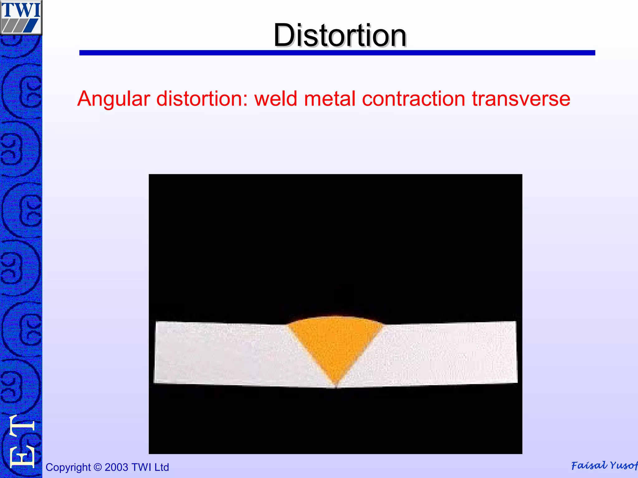Faisal Yusof
TE
Copyright © 2003 TWI Ltd
DistortionDistortion
Angular distortion: weld metal contraction transverse
 