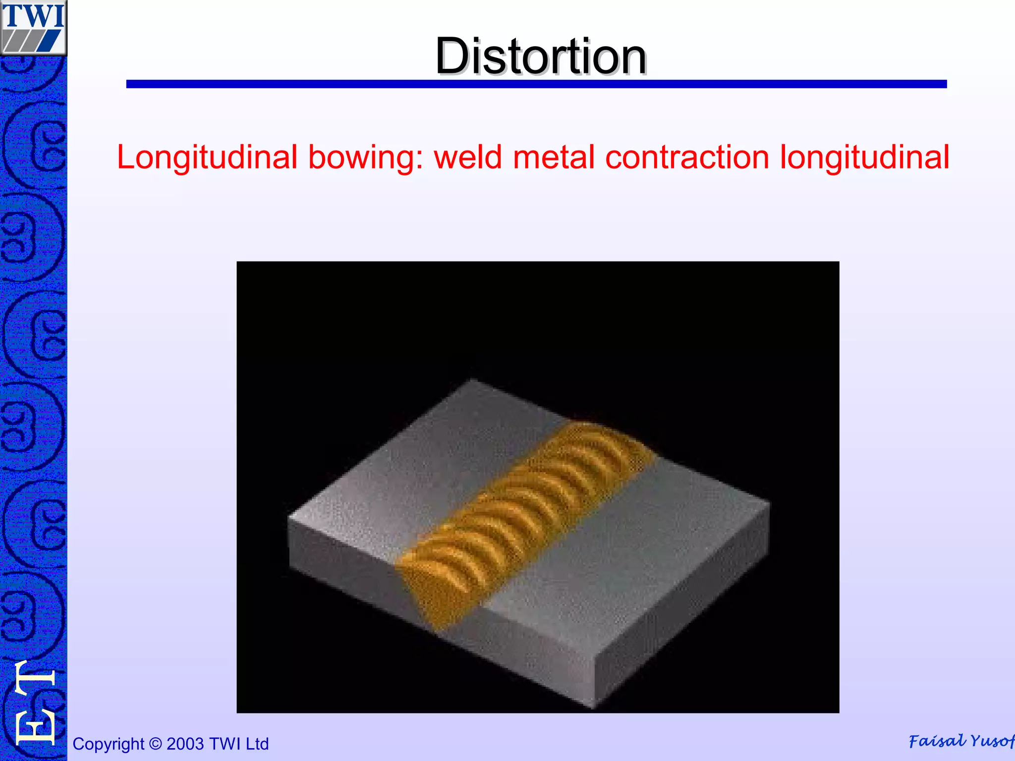 Faisal Yusof
TE
Copyright © 2003 TWI Ltd
DistortionDistortion
Longitudinal bowing: weld metal contraction longitudinal
 