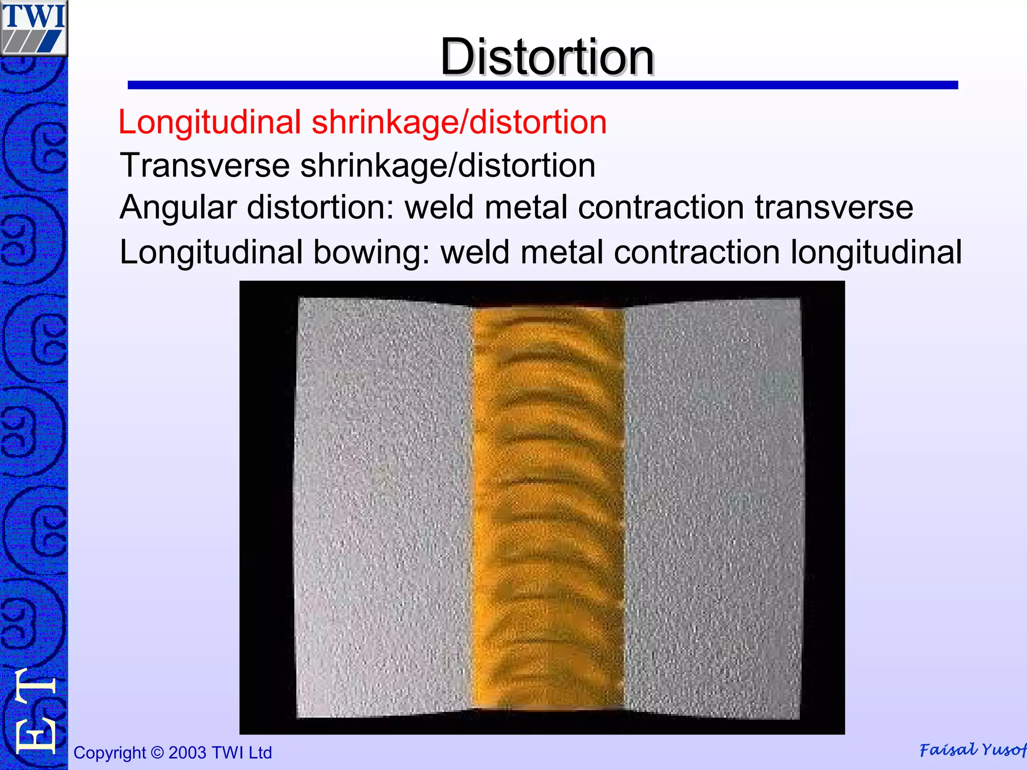 Faisal Yusof
TE
Copyright © 2003 TWI Ltd
Angular distortion: weld metal contraction transverse
DistortionDistortion
Longitudinal bowing: weld metal contraction longitudinal
Longitudinal shrinkage/distortion
Transverse shrinkage/distortion
 