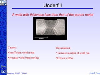 Faisal Yusof
TE
Copyright © 2003 TWI Ltd
UnderfillUnderfill
A weld with thickness less than that of the parent metal
Causes :
•Insufficient weld metal
•Irregular weld bead surface
Preventation :
• Increase number of weld run
•Retrain welder
 