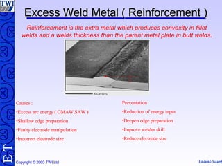 Faisal Yusof
TE
Copyright © 2003 TWI Ltd
Excess Weld Metal ( Reinforcement )Excess Weld Metal ( Reinforcement )
Reinforcement is the extra metal which produces convexity in fillet
welds and a welds thickness than the parent metal plate in butt welds.
Causes :
•Excess arc energy ( GMAW,SAW )
•Shallow edge preparation
•Faulty electrode manipulation
•Incorrect electrode size
Preventation
•Reduction of energy input
•Deepen edge preparation
•Improve welder skill
•Reduce electrode size
 