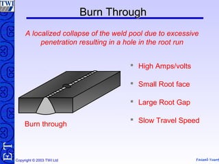Faisal Yusof
TE
Copyright © 2003 TWI Ltd
Burn ThroughBurn Through
 High Amps/volts
 Small Root face
 Large Root Gap
 Slow Travel SpeedBurn through
A localized collapse of the weld pool due to excessive
penetration resulting in a hole in the root run
 