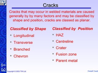 Faisal Yusof
TE
Copyright © 2003 TWI Ltd
Classified by Shape
 Longitudinal
 Transverse
 Branched
 Chevron
Classified by Position
 HAZ
 Centreline
 Crater
 Fusion zone
 Parent metal
CracksCracks
Cracks that may occur in welded materials are caused
generally by by many factors and may be classified by
shape and position, cracks are classed as planar.
 