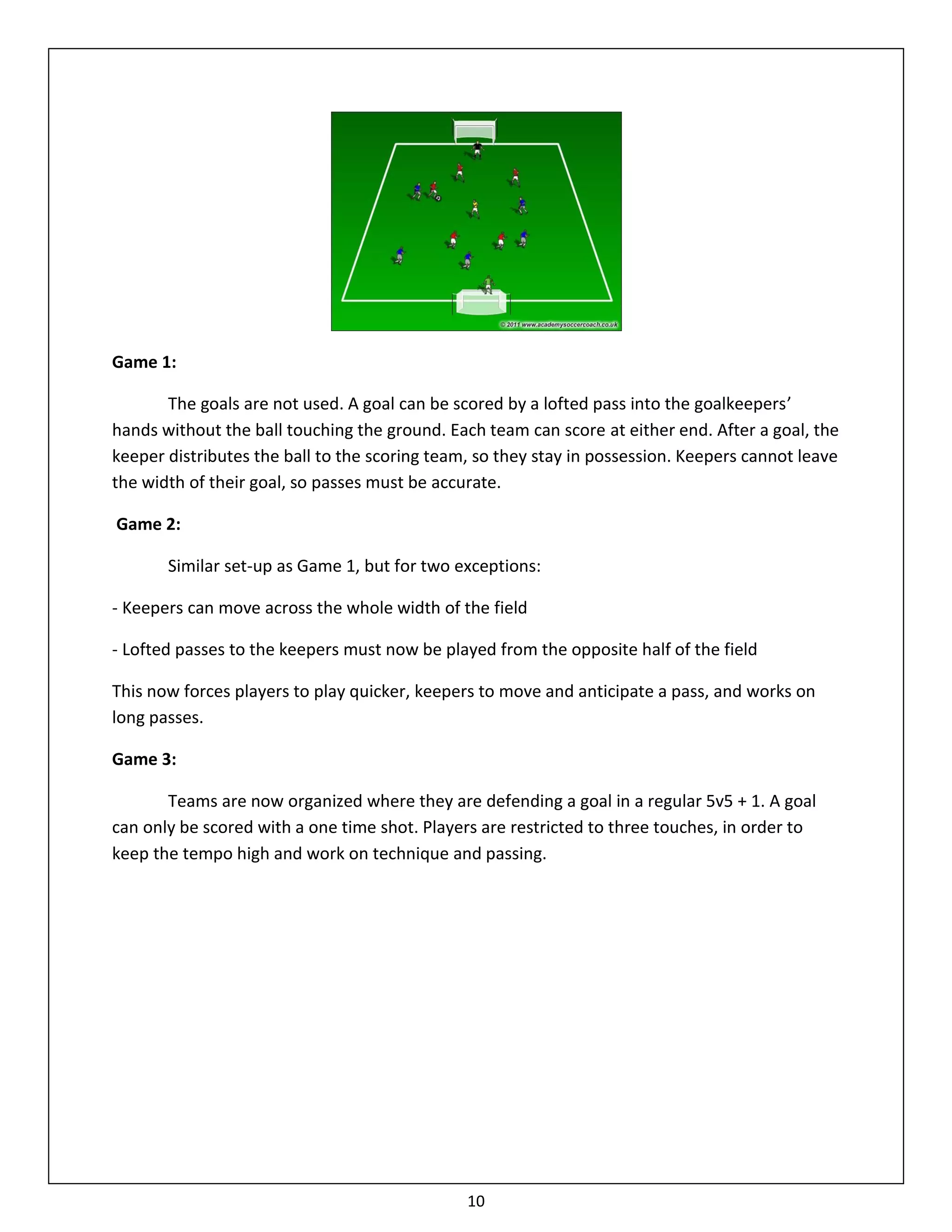 Game 1:

       The goals are not used. A goal can be scored by a lofted pass into the goalkeepers’
hands without the ball touching the ground. Each team can score at either end. After a goal, the
keeper distributes the ball to the scoring team, so they stay in possession. Keepers cannot leave
the width of their goal, so passes must be accurate.

Game 2:

       Similar set-up as Game 1, but for two exceptions:

- Keepers can move across the whole width of the field

- Lofted passes to the keepers must now be played from the opposite half of the field

This now forces players to play quicker, keepers to move and anticipate a pass, and works on
long passes.

Game 3:

       Teams are now organized where they are defending a goal in a regular 5v5 + 1. A goal
can only be scored with a one time shot. Players are restricted to three touches, in order to
keep the tempo high and work on technique and passing.




                                               10
 