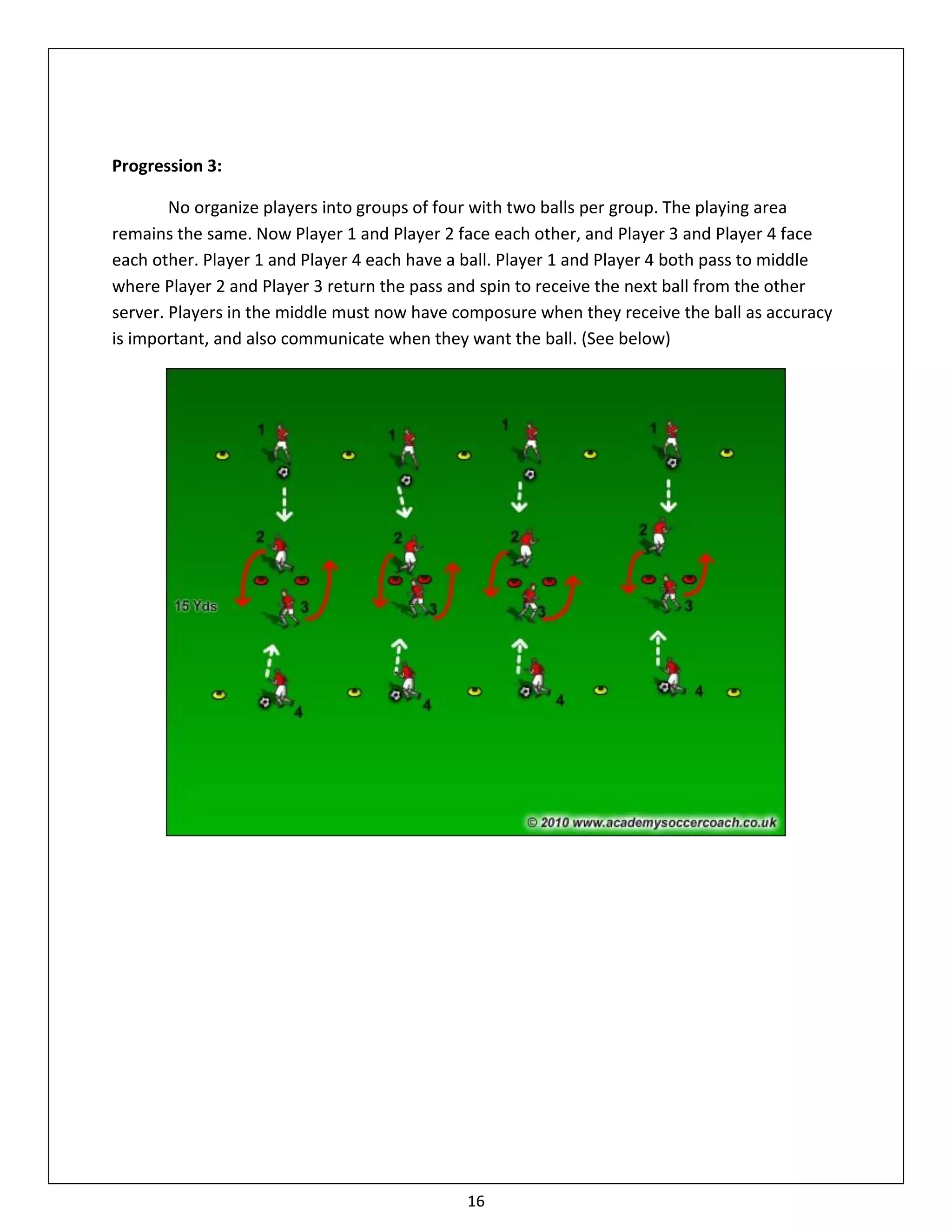 Progression 3:

        No organize players into groups of four with two balls per group. The playing area
remains the same. Now Player 1 and Player 2 face each other, and Player 3 and Player 4 face
each other. Player 1 and Player 4 each have a ball. Player 1 and Player 4 both pass to middle
where Player 2 and Player 3 return the pass and spin to receive the next ball from the other
server. Players in the middle must now have composure when they receive the ball as accuracy
is important, and also communicate when they want the ball. (See below)




                                             16
 