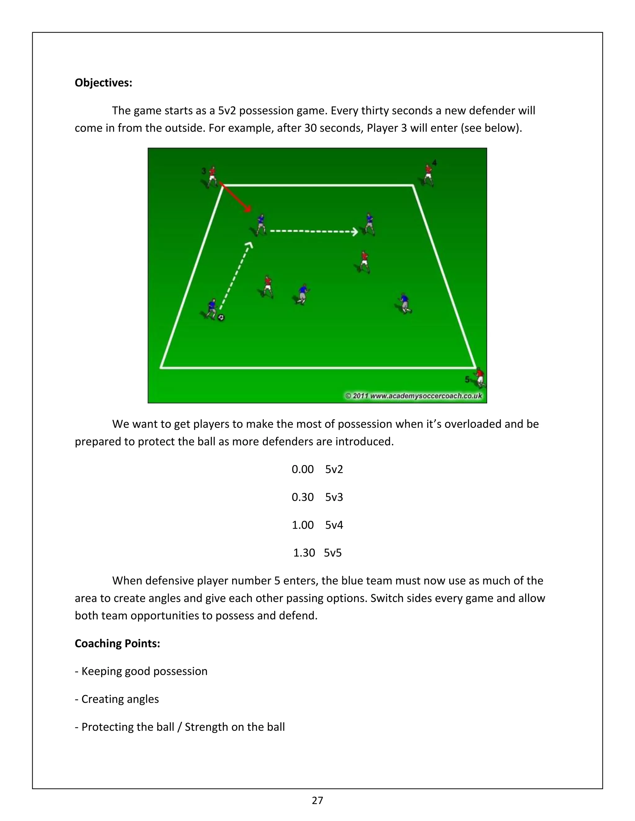 Objectives:

       The game starts as a 5v2 possession game. Every thirty seconds a new defender will
come in from the outside. For example, after 30 seconds, Player 3 will enter (see below).




       We want to get players to make the most of possession when it’s overloaded and be
prepared to protect the ball as more defenders are introduced.

                                               0.00 5v2

                                               0.30 5v3

                                               1.00 5v4

                                               1.30 5v5

       When defensive player number 5 enters, the blue team must now use as much of the
area to create angles and give each other passing options. Switch sides every game and allow
both team opportunities to possess and defend.

Coaching Points:

- Keeping good possession

- Creating angles

- Protecting the ball / Strength on the ball




                                                  27
 