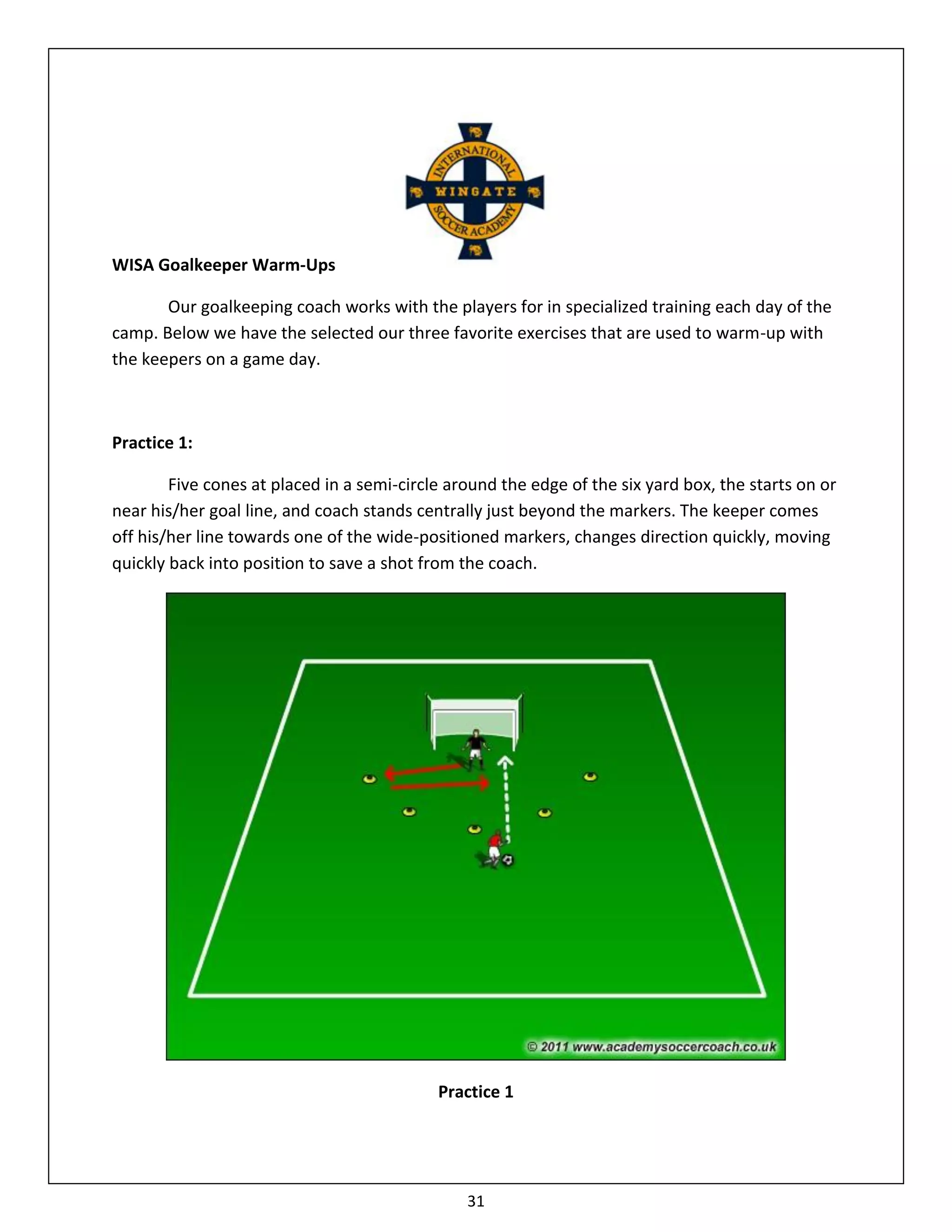 WISA Goalkeeper Warm-Ups

       Our goalkeeping coach works with the players for in specialized training each day of the
camp. Below we have the selected our three favorite exercises that are used to warm-up with
the keepers on a game day.



Practice 1:

        Five cones at placed in a semi-circle around the edge of the six yard box, the starts on or
near his/her goal line, and coach stands centrally just beyond the markers. The keeper comes
off his/her line towards one of the wide-positioned markers, changes direction quickly, moving
quickly back into position to save a shot from the coach.




                                            Practice 1




                                                31
 