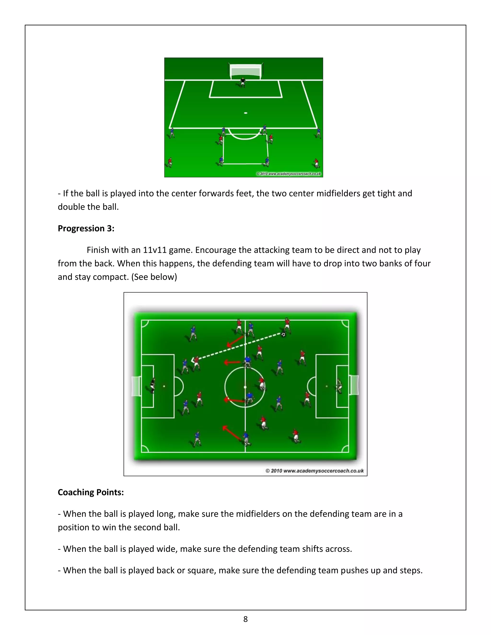 - If the ball is played into the center forwards feet, the two center midfielders get tight and
double the ball.

Progression 3:

       Finish with an 11v11 game. Encourage the attacking team to be direct and not to play
from the back. When this happens, the defending team will have to drop into two banks of four
and stay compact. (See below)




Coaching Points:

- When the ball is played long, make sure the midfielders on the defending team are in a
position to win the second ball.

- When the ball is played wide, make sure the defending team shifts across.

- When the ball is played back or square, make sure the defending team pushes up and steps.




                                                 8
 