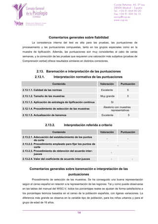 14
Comentarios generales sobre fiabilidad
La consistencia interna del test es alta para las pruebas, las puntuaciones de
procesamiento y las puntuaciones compuestas, tanto en los grupos especiales como en la
muestra de tipificación. Además, las puntuaciones son muy consistentes al cabo de varias
semanas, y la corrección de las pruebas que requieren una valoración más subjetiva (pruebas de
Comprensión verbal) ofrece resultados similares en distintos correctores.
2.13. Baremación e interpretación de las puntuaciones
2.13.1. Interpretación normativa de las puntuaciones
Contenido Valoración Puntuación
2.13.1.1. Calidad de las normas Excelente 5
2.13.1.2. Tamaño de las muestras Muy grande 5
2.13.1.3. Aplicación de estrategia de tipificación continua Sí
2.12.1.4. Procedimiento de selección de las muestras
Aleatorio con muestras
representativas
2.12.1.5. Actualización de baremos Excelente 5
2.13.2. Interpretación referida a criterio
Contenido Valoración Puntuación
2.13.2.1. Adecuación del establecimiento de los puntos
de corte
- -
2.13.2.2. Procedimiento empleado para fijar los puntos de
corte
-
2.13.2.3. Procedimiento de obtención del acuerdo inter-
jueces
-
2.13.2.4. Valor del coeficiente de acuerdo inter-jueces - -
Comentarios generales sobre baremación e interpretación de las
puntuaciones
Procedimiento de selección de las muestras. Se ha conseguido una buena representación
según el censo español en relación a la representación de las regiones. Tal y como puede observarse
en las tablas del manual del WISC-V, todos los porcentajes reales se ajustan de forma satisfactoria a
los porcentajes teóricos basados en el censo de la población española, con ligeras variaciones. La
diferencia más grande se observa en la variable tipo de población, para los niños urbanos y para el
grupo de edad de 16 años.
 