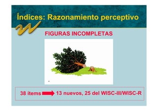 Índices: Razonamiento perceptivo

           FIGURAS INCOMPLETAS




38 ítems      13 nuevos, 25 del WISC-III/WISC-R
 