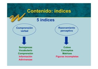 Contenido: índices
                5 índices
Comprensión                   Razonamiento
  verbal                       perceptivo




 Semejanzas                        Cubos
 Vocabulario                    Conceptos
 Comprensión                      Matrices
  Información               Figuras incompletas
 Adivinanzas
 