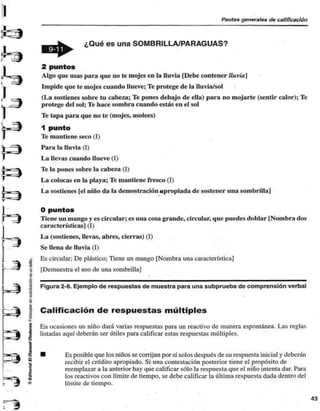 Pautas generales de calificación 
¿Qué es una SOMBRILLA/PARAGUAS? 
2 puntos 
Algo que usas para que no te mojes en la lluvia [Debe contener lluvia] 
Impide que te mojes cuando llueve; Te protege de la lluvia/sol 
(La sostienes sobre tu cabeza; Te pones debajo de ella) para no mojarte (sentir calor); Te 
protege del sol; Te hace sombra cuando estás en el sol 
Te tapa para que no te (mojes, asolees) 
1 punto 
Te mantiene seco (I) 
Para la lluvia (I) 
La llevas cuando llueve (I) 
-w «v Te la pones sobre la cabeza (I) 
La colocas en la playa; Te mantiene fresco (I) 
La sostienes [el niño da la demostración Apropiada de sostener una sombrilla] 
O puntos 
Tiene un mango y es circular; es una cosa grande, circular, que puedes doblar [Nombra dos 
características] (I) 
La (sostienes, llevas, abres, cierras) (I) 
Se llena de lluvia (I) 
Es circular: De plástico; Tiene un mango [Nombra una característica] 
[Demuestra el uso de una sombrilla] 
Figura 2-8. Ejemplo de respuestas de muestra para una subprueba de comprensión verbal 
» 
Calificación de respuestas múltiples 
En ocasiones un niño dará varias respuestas para un reactivo de manera espontánea. Las reglas 
listadas aquí deberán ser útiles para calificar estas respuestas múltiples. 
• Es posible que los niños se corrijan por sí solos después de su respuesta inicial y deberán 
recibir el crédito apropiado. Si una contestación posterior tiene el propósito de 
reemplazar a la anterior hay que calificar sólo la respuesta que el niño intenta dar. Para 
los reactivos con límite de tiempo, se debe calificar la última respuesta dada dentro del 
límite de tiempo. 
43 
 
