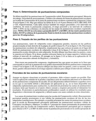 Llenado del Protocolo del royisíro 
Paso 4. Determinación de puntuaciones compuestas 
Se deben transferir las puntuaciones de Comprensión verbal. Razonamiento perceptual. Memoria 
de trabajo. Velocidad de procesamiento y Totales a la columna de Suma de puntuaciones escalares 
en la tabla de Conversiones de la suma de puntuaciones escalares a puntuación compuesta (véase 
D en la figura 2-10). Hay que utilizar las tablas de A-2 a A-6 para obtener el ICV, IRP, IMT. IVP 
y CIT, respectivamente. Cada tabla incluye también los rangos percentiles y los intervalos de 
confianza. Se anota la puntuación compuesta, el rango percentil y un intervalo de confianza 
(90% o 95%) en las columnas a la derecha de las sumas de puntuaciones escalares registradas 
antes. NOTA: El CIT no es la suma o promedio del ICV y del IRP, o de las cuatro puntuaciones 
índice. El CIT se obtiene de la puntuación Total (es decir, la suma de las puntuaciones escalares 
para las 10 subpruebas). 
Paso 5. Trazado de los perfiles de las puntuaciones 
Las puntuaciones, tanto de subprueba como compuestas pueden, trazarse en las gráficas 
proporcionadas al lado derecho de la página de perfil (véanse E y F en la figura 2-10). Para ira/ar 
las puntuaciones escalares de subprueba, simplemente hay que colocar un punto en el lugar del 
Perfil de puntuaciones escalares de subprueba (véase E de la figura 2-10) que corresponda a la 
puntuación escalar obtenida en cada subprueba. Se debe dibujar una línea entre los puntos, como 
se muestra en la figura. Si se desea, pueden colocarse barras en el rango superior e inferior para 
reflejar el intervalo de confianza. El ejemplo en la figura 2-10 se basa en la aplicación de 10 
subpruebas esenciales además de Registros y Aritmética. 
Para trazar una puntuación compuesta, simplemente hay que poner un punto en la línea que 
corresponde al valor de la puntuación en la gráfica denominada Perfil de puntuaciones compuestas 
(véase F en la figura 2-10). Es preciso dibujar una línea entre los puntos, como se muestra. Si se 
desea, puede colocarse barras en el rango superior e inferior para reflejar el intervalo de confianx.a. 
Prorrateo de las sumas de puntuaciones escalares 
Aunque en algunas situaciones se permite el prorrateo, debe evitarse cuando sea posible. Éste 
viola la aplicación estándar de la prueba e introduce error de medición adicional en la obtención 
de las puntuaciones compuestas de un niño. El uso del prorrateo deberá limitarse a aquellos casos 
en los que es inevitable debido a dificultades de aplicación (p. ej., no se tiene disponible una 
subprueba suplementaria para sustitución). La decisión de prorratear las sumas de puntuaciones 
escalares tiene que basarse en el juicio clínico sensato y requiere precaución al interpretar los 
resultados. El prorrateo es particularmente problemático cuando se utilizan los resultados para 
diagnóstico o decisiones de asignación y deberá usarse con sumo cuidado en estas situaciones. 
Las sumas de puntuaciones escalares para las escalas de Comprensión verbal y Razonamiento 
r > é perceptual pueden prorratearse si son válidas las puntuaciones escalares de dos de las tres 
subpruebas contribuyentes. Por ejemplo, es posible prorratear las sumas de puntuaciones escalares 
para la escala de Razonamiento perceptual utilizando las puntuaciones escalares válidas de 
Conceptos con dibujos y Matrices. La tabla A-7 presenta las sumas prorrateadas de puntuaciones 
escalares para las escalas de Comprensión verbal y Razonamiento perceptual que se emplean 
para obtener el ICV y el IRP. Se debe anotar la puntuación prorrateada en la casilla apropiada de 
1 
 