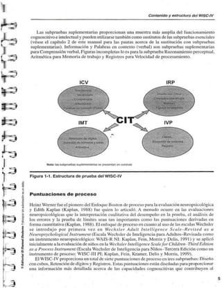 Contenido y estructura del WISC-IV 
Las subpruebas suplementarias proporcionan una muestra más amplia del funcionamiento 
cognoscitivo e intelectual y pueden utilizarse también como sustitutos de las subpruebas esenciales 
(véase el capítulo 2 de este manual para las pautas acerca de la sustitución con subprucKis 
suplementarias). Información y Palabras en contexto (verbal) son subpruebas suplementarias 
para Comprensión verbal, Figuras incompletas loes para la subprueba Razonamiento perceptual. 
Aritmética para Memoria de trabajo y Registros para Velocidad de procesamiento. 
ICV IRP 
•I-I 
Relenoón do dígitos 
; u/moros y !«lms 
Nota: las subpruebas suplementarias se presentan en cursivas 
Figura 1-1. Estructura de prueba del WISC-IV 
U3 ! 
Puntuaciones de proceso 
T 
P 
ra 
Heinz Werner fue el pionero del Enfoque Boston de proceso para la evaluación ncuropsicológica 
y Edith Kaplan (Kaplan, 1988) fue quien lo articuló. A menudo ocurre en las evaluaciones 
neuropsicológicas que la interpretación cualitativa del desempeño en la prueba, el análisis de 
los errores y la prueba de límites sean tan importantes como las puntuaciones derivadas en 
forma cuantitativa (Kaplan. 1988). El enfoque de proceso en cuanto al uso de las escalas Wechsler 
se introdujo por primera vez en Wechsler Adnlt /ntelligence Scale-Revised as a 
 tfeutvpsychological Insfrument (Escala Wechsler de Inteligencia para Adultos-Revisada como 
•a un instrumento neuropsicológico: WA1S-R NI: Kaplan, I-ein, Morris y Delis, 1991) y se aplicó 
inicialmente a la evaluación de niños en la Wechsler Inte.lligence Sculefor Children Third Ediinni 
as a Process Inslrurnent (Escala Wechsler de Inteligencia para Niños-Tercera Edición como un 
•5 instrumento de proceso: WISC-1II PI: Kaplan. Fein. Kramer. Delis y Morris. 1999). 
El WISC-IV proporciona un total de siete puntuaciones de proceso en tres subpruebas: Diseño 
2 con cubos. Retención de dígitos y Registros. Estas puntuaciones están diseñadas para proporcionar 
una información más detallada acerca de las capacidades cognoscitivas que contribuyen al 
 
