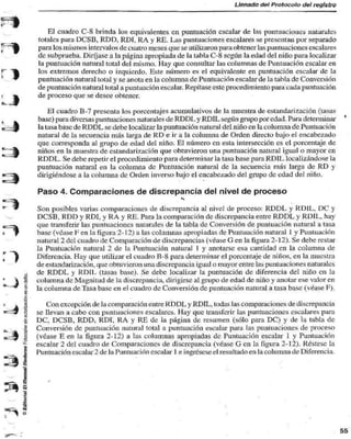 Llenado del Protocolo del reglstiv 
El cuadro C-8 brinda los equivalentes en puntuación escalar de las puntuaciones naturales 
totales para DCSB, RDD, RDÍ, RA y RE. Las puntuaciones escalares se presentan por separado 
para los mismos intervalos de cuatro meses que se utilizaron para obtener las puntuaciones escalares 
de subprueba. Diríjase a la página apropiada de la tabla C-8 según la edad del niño para localizar 
la puntuación natural total del mismo. Hay que consultar las columnas de Puntuación escalar en 
los extremos derecho o izquierdo. Este número es el equivalente en puntuación escalar de la 
puntuación natural total y se anota en la columna de Puntuación escalar de la tabla de Conversión 
de puntuación natural total a puntuación escalar. Repítase este procedimiento para cada puntuación 
de proceso que se desee obtener. 
El cuadro B-7 presenta los porcentajes acumulativos de la muestra de estandarización (tasas 
base) para diversas puntuaciones naturales de RDDI, y RDIL según grupo por edad. Para determinar 
la tasa base de RDDL se debe localizar la puntuación natural del niño en la columna de Puntuación 
natural de la secuencia más larga de RD e ir a la columna de Orden directo bajo el encabezado 
que corresponda al grupo de edad del niño. El número en esta intersección es el porcentaje de 
niños en la muestra de estandarización que obtuvieron una puntuación natural igual o mayor en 
RDDL. Se debe repetir el procedimiento para determinar la tasa base para RDIL localizándose la 
puntuación natural en la columna de Puntuación natural de la secuencia más larga de RD y 
dirigiéndose a la columna de Orden inverso bajo el encabezado del grupo de edad del niño. 
Paso 4. Comparaciones de discrepancia del nivel de proceso 
Son posibles varias comparaciones de discrepancia al nivel de proceso: RDDL y RDIL, DC y 
DCSB, RDD y RDI. y RA y RE. Para la comparación de discrepancia entre RDDL y RDIL, hay 
que transferir las puntuaciones naturales de la tabla de Conversión de puntuación natural a tasa 
base (véase H en la figura 2-12) a las columnas apropiadas de Puntuación natural 1 y Puntuación 
natural 2 del cuadro de Comparación de discrepancias (véase G en la figura 2-12). Se debe restar 
la Puntuación natural 2 de la Puntuación natural 1 y anotarse esa cantidad en la columna de 
Diferencia. Hay que utilizar el cuadro B-8 para determinar el porcentaje de niños, en la muestra 
de estandarización, que obtuvieron una discrepancia igual o mayor entre las puntuaciones naturales 
d de RDDL y RDIL (tasas base). Se debe localizar la puntuación de diferencia del niño en la 
§ columna de Magnitud de la discrepancia, dirigirse al grupo de edad de niño y anotar ese valor en 
la columna de Tasa base en el cuadro $ de Conversión de puntuación natural a tasa base (véase F). 
Con excepción de la comparación entre RDDL y RDIL, todas las comparaciones de discrepancia 
§ se llevan a cabo con puntuaciones escalares. Hay que transferir las puntuaciones escalares para 
Í DC, DCSB, RDD, RDI, RA y RE de la página de resumen (sólo para DC) y de la tabla de 
| Conversión de puntuación natural total a puntuación escalar para las puntuaciones de proceso 
I (véase E en la figura 2-12) a las columnas apropiadas de Puntuación escalar 1 y Puntuación 
I escalar 2 del cuadro de Comparaciones de discrepancia (véase G en la figura 2-12). Réstese la 
Puntuación escalar 2 de la Puntuación escalar 1 e ingrésese el resultado en la columna de Diferencia 
 