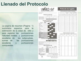 Llenado del Protocolo



La pagina de resumen (Pagina 1)
suministra espacios para la
estimación de la edad de niño y
para registrar las puntuaciones
naturales totales y puntuaciones
escalares de       las subpruebas,
sumas de         las puntuaciones
escalares      y      puntuaciones
compuestas.
 