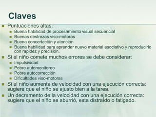 Claves
   Puntuaciones altas:
       Buena habilidad de procesamiento visual secuencial
       Buenas destrezas viso-motoras
       Buena concertación y atención
       Buena habilidad para aprender nuevo material asociativo y reproducirlo
        con rapidez y precisión.
   Si el niño comete muchos errores se debe considerar:
       Impulsividad
       Pobre automonitoreo
       Pobre autocorrección
       Dificultades viso-motoras
   Si el niño aumenta de velocidad con una ejecución correcta:
    sugiere que el niño se ajusto bien a la tarea.
   Un decremento de la velocidad con una ejecución correcta:
    sugiere que el niño se aburrió, esta distraído o fatigado.
 