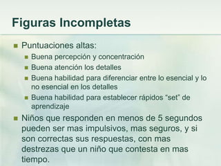 Figuras Incompletas
   Puntuaciones altas:
       Buena percepción y concentración
       Buena atención los detalles
       Buena habilidad para diferenciar entre lo esencial y lo
        no esencial en los detalles
       Buena habilidad para establecer rápidos “set” de
        aprendizaje
   Niños que responden en menos de 5 segundos
    pueden ser mas impulsivos, mas seguros, y si
    son correctas sus respuestas, con mas
    destrezas que un niño que contesta en mas
    tiempo.
 