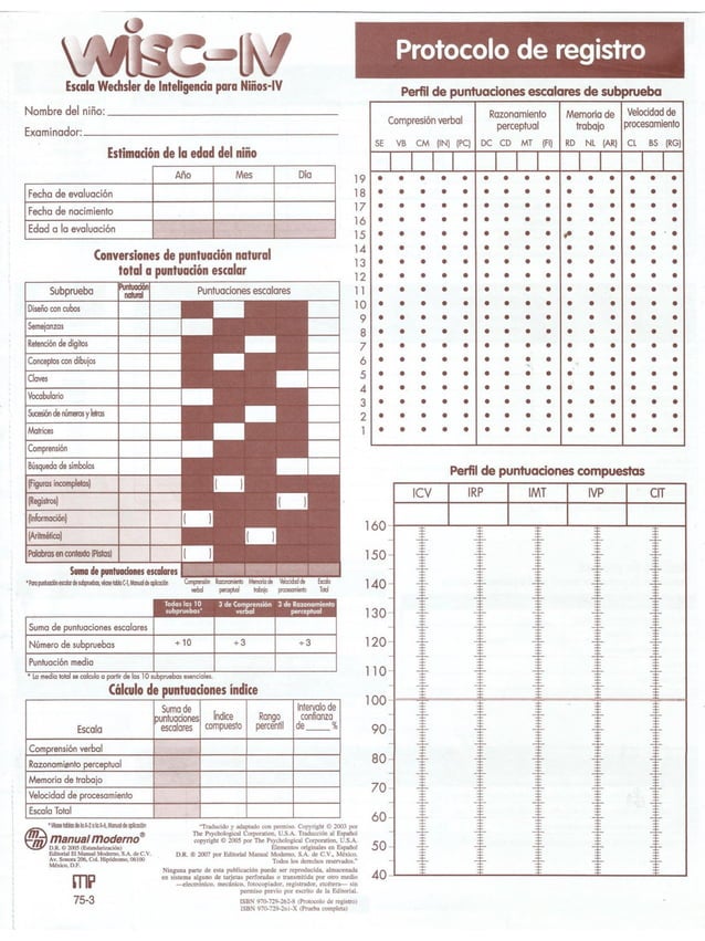Protocolo de Registro y Anotación del WISC IV incluyendo BUSQUEDA DE