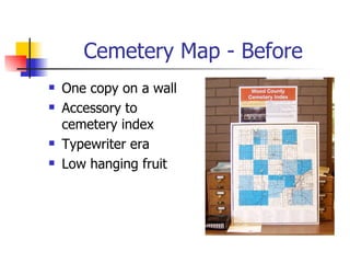 Cemetery Map - Before <ul><li>One copy on a wall </li></ul><ul><li>Accessory to cemetery index </li></ul><ul><li>Typewrite...