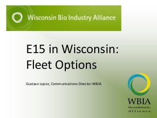 E15 in Wisconsin:
Fleet Options
Gustavo Lopez, Communications Director WBIA
WBIAWisconsinBioIndustry
A l l i a n c e
 
