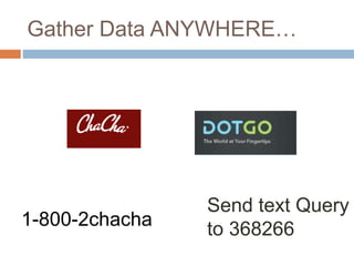 1-800-2chacha
Send text Query
to 368266
Gather Data ANYWHERE…
 