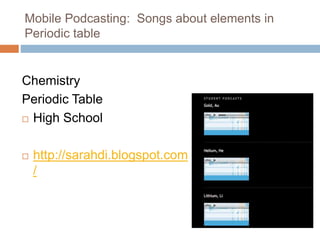 Mobile Podcasting: Songs about elements in
Periodic table
Chemistry
Periodic Table
 High School
 http://sarahdi.blogspot.com
/
 