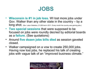 JOBS
• Wisconsin is #1 in job loss. WI lost more jobs under
  Gov. Walker than any other state in the country – by a
  long shot. (Bur. Labor Statistics, 21,000 lost in 2011. Every month the country was gaining jobs.)
• Two special sessions that were supposed to be
  focused on jobs were roundly decried by editorial boards
  as a failure. (See quotations)
• Around five dozen jobs bills died as session gaveled
  closed.
• Walker campaigned on a vow to create 250,000 jobs.
  Having now lost jobs, he replaced his talk of creating
  jobs with vague talk of an “improved business climate.”
 