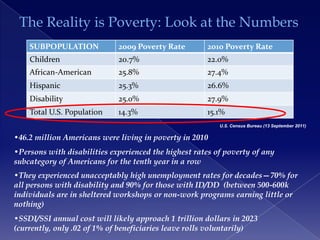 The Reality is Poverty: Look at the Numbers
    SUBPOPULATION            2009 Poverty Rate        2010 Poverty Rate
    Children                 20.7%                    22.0%
    African-American         25.8%                    27.4%
    Hispanic                 25.3%                    26.6%
    Disability               25.0%                    27.9%
    Total U.S. Population    14.3%                    15.1%
                                                          U.S. Census Bureau (13 September 2011)

•46.2 million Americans were living in poverty in 2010
•Persons with disabilities experienced the highest rates of poverty of any
subcategory of Americans for the tenth year in a row
•They experienced unacceptably high unemployment rates for decades—70% for
all persons with disability and 90% for those with ID/DD (between 500-600k
individuals are in sheltered workshops or non-work programs earning little or
nothing)
•SSDI/SSI annual cost will likely approach 1 trillion dollars in 2023
(currently, only .02 of 1% of beneficiaries leave rolls voluntarily)
 