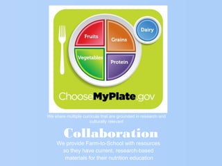 Collaboration
We provide Farm-to-School with resources
so they have current, research-based
materials for their nutrition education
We share multiple curricula that are grounded in research and
culturally relevant
 