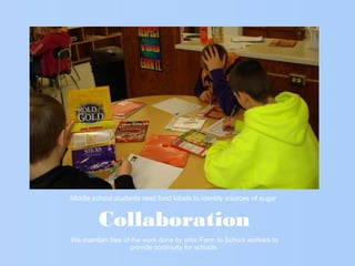 Collaboration
We maintain files of the work done by prior Farm to School workers to
provide continuity for schools.
Middle school students read food labels to identify sources of sugar
 