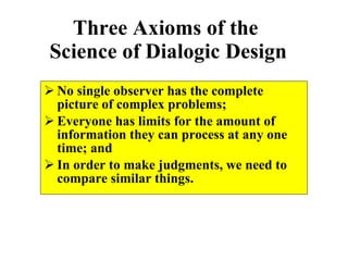 Three Axioms of the  Science of Dialogic Design <ul><li>No single observer has the complete picture of complex problems; <...