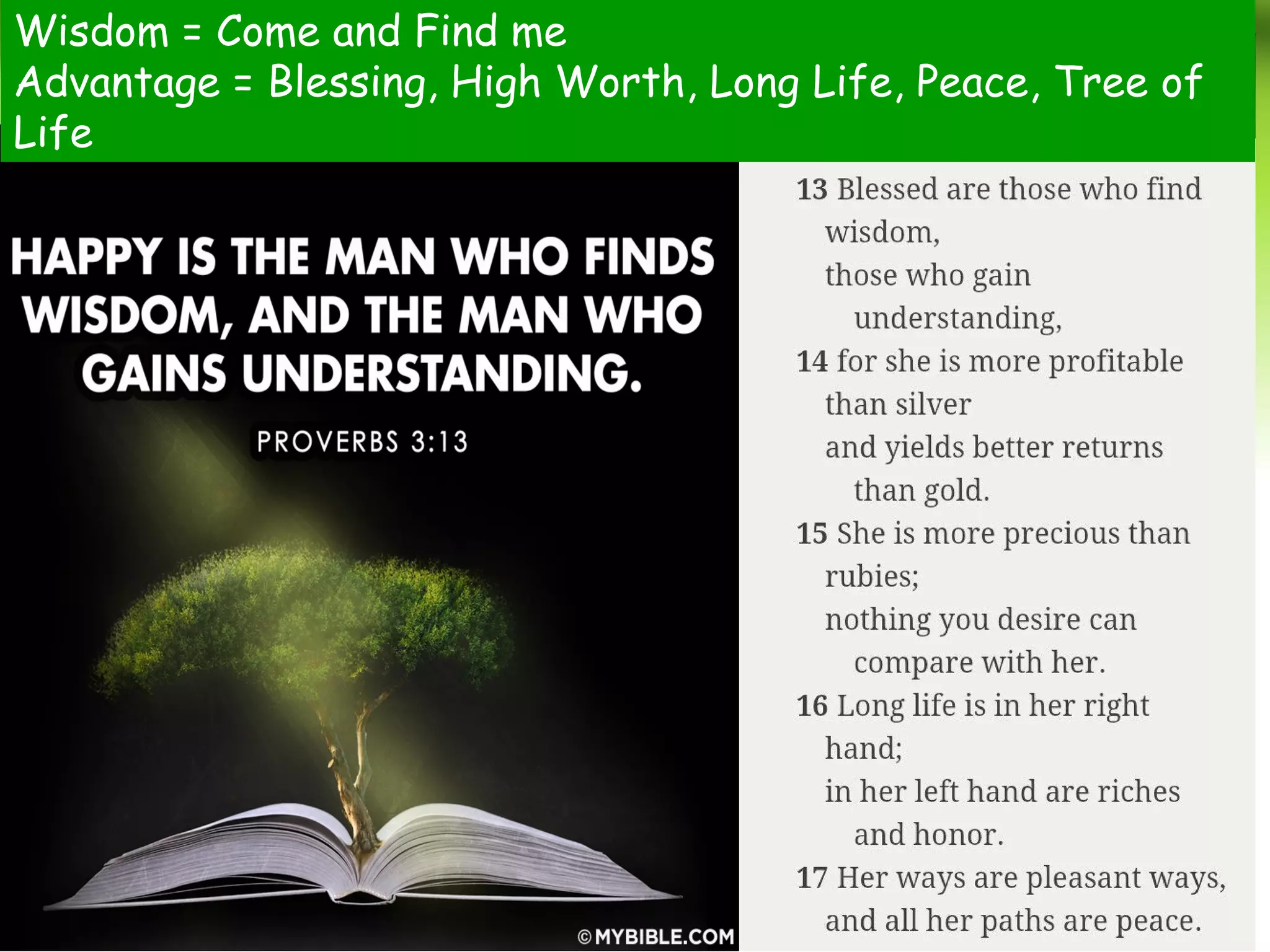 Wisdom = Come and Find me
Advantage = Blessing, High Worth, Long Life, Peace, Tree of
Life
 