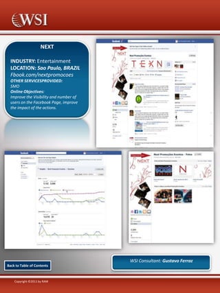 NEXT
INDUSTRY: Entertainment
LOCATION: Sao Paulo, BRAZIL
Fbook.com/nextpromocoes
OTHER SERVICESPROVIDED:
SMO
Online Objectives:
Improve the Visibility and number of
users on the Facebook Page, improve
the impact of the actions.

WSI Consultant: Gustavo Ferraz
Back to Table of Contents

Copyright ©2011 by RAM

 