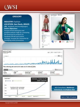 GREGORY
INDUSTRY: Fashion
LOCATION: Sao Paulo, BRAZIL
URL: facebook.com/mundogregory

Online Objectives:
Increase brand awareness and
qualified website traffic by promoting
the brand and its products on
Facebook (FB Ads and content
strategy). Increase fan interaction by
developing online promotions.

WSI Consultant: Waldemar
Antonaccio Jr & Rubens Kim

Back to Table of Contents

Copyright ©2011 by RAM

 