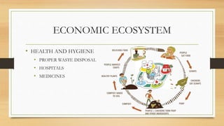 ECONOMIC ECOSYSTEM
• HEALTH AND HYGIENE
• PROPER WASTE DISPOSAL
• HOSPITALS
• MEDICINES
 
