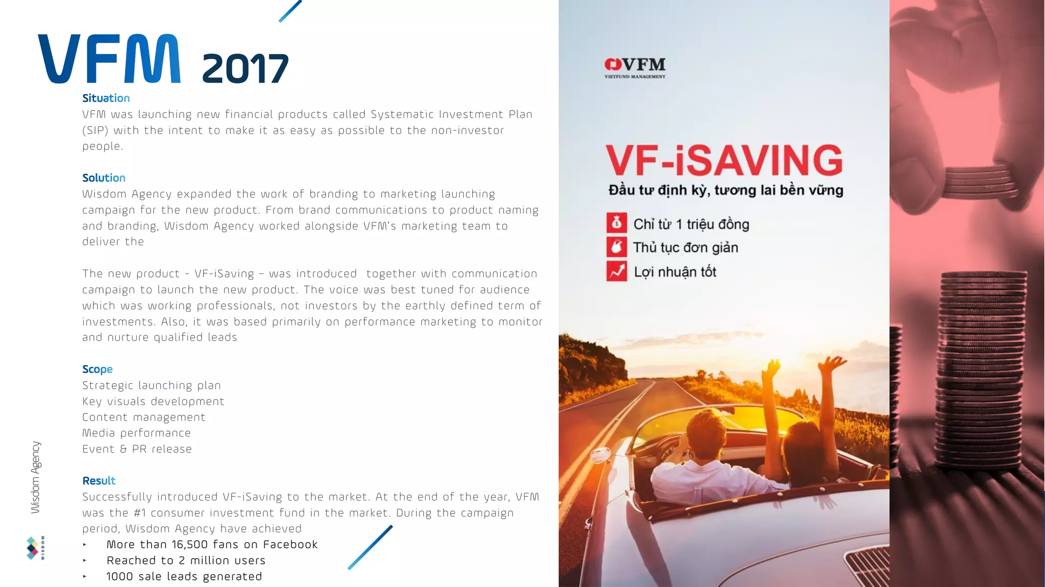 VFM was launching new financial products called Systematic Investment Plan
(SIP) with the intent to make it as easy as possible to the non-investor
people.
Wisdom Agency expanded the work of branding to marketing launching
campaign for the new product. From brand communications to product naming
and branding, Wisdom Agency worked alongside VFM’s marketing team to
deliver the
The new product - VF-iSaving – was introduced together with communication
campaign to launch the new product. The voice was best tuned for audience
which was working professionals, not investors by the earthly defined term of
investments. Also, it was based primarily on performance marketing to monitor
and nurture qualified leads
Strategic launching plan
Key visuals development
Content management
Media performance
Event & PR release
Successfully introduced VF-iSaving to the market. At the end of the year, VFM
was the #1 consumer investment fund in the market. During the campaign
period, Wisdom Agency have achieved
‣ More than 16,500 fans on Facebook
‣ Reached to 2 million users
‣ 1000 sale leads generated
2017
Wisdom
Agency
 