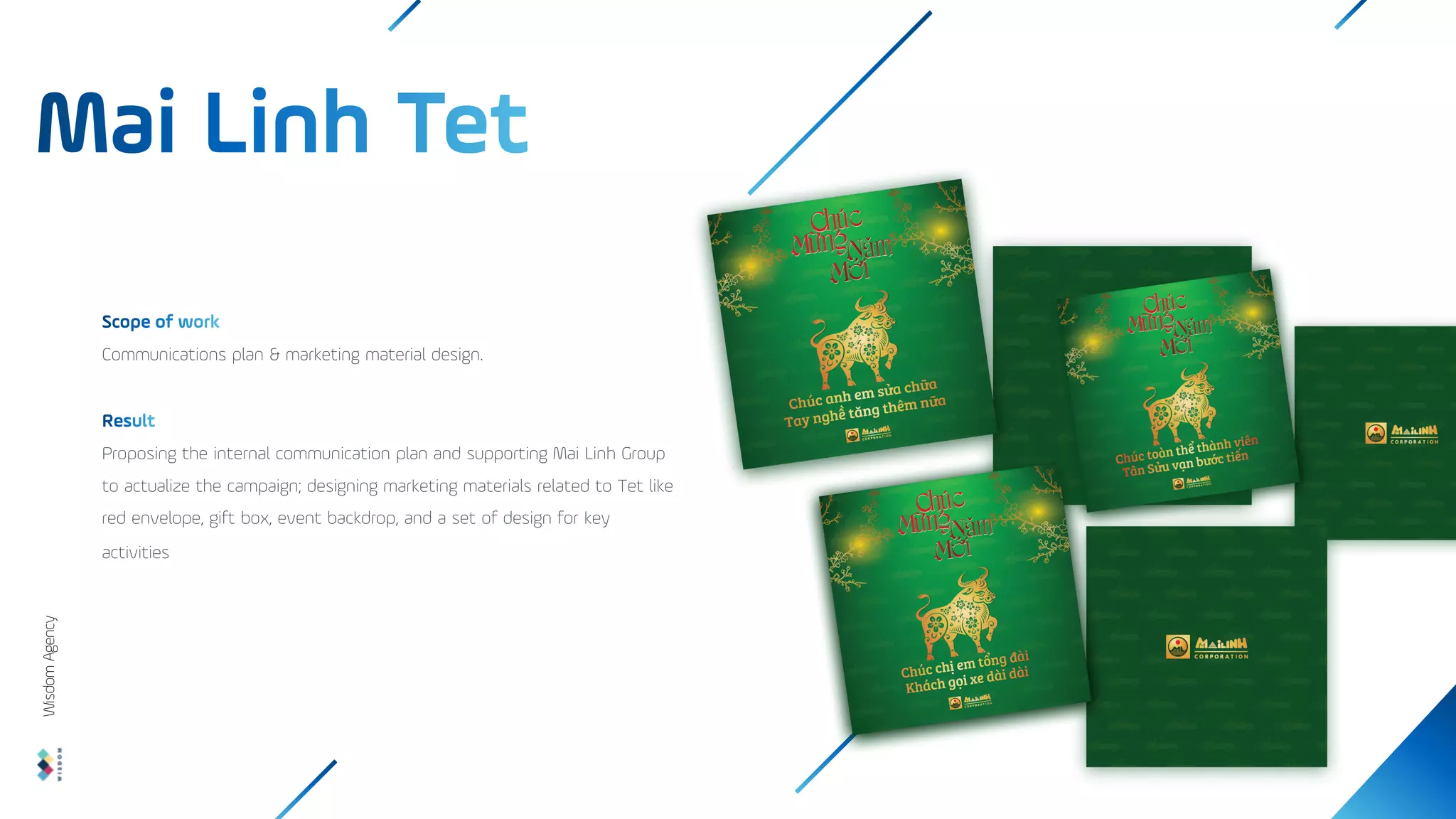 Communications plan & marketing material design.
Proposing the internal communication plan and supporting Mai Linh Group
to actualize the campaign; designing marketing materials related to Tet like
red envelope, gift box, event backdrop, and a set of design for key
activities
Wisdom
Agency
 