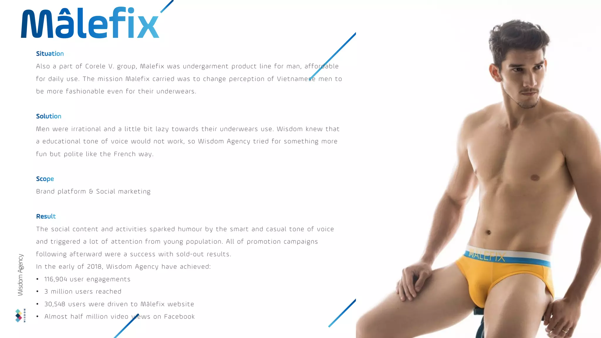 Also a part of Corele V. group, Malefix was undergarment product line for man, affordable
for daily use. The mission Malefix carried was to change perception of Vietnamese men to
be more fashionable even for their underwears.
Men were irrational and a little bit lazy towards their underwears use. Wisdom knew that
a educational tone of voice would not work, so Wisdom Agency tried for something more
fun but polite like the French way.
Brand platform & Social marketing
The social content and activities sparked humour by the smart and casual tone of voice
and triggered a lot of attention from young population. All of promotion campaigns
following afterward were a success with sold-out results.
In the early of 2018, Wisdom Agency have achieved:
• 116,904 user engagements
• 3 million users reached
• 30,548 users were driven to Mâlefix website
• Almost half million video views on Facebook
Wisdom
Agency
 