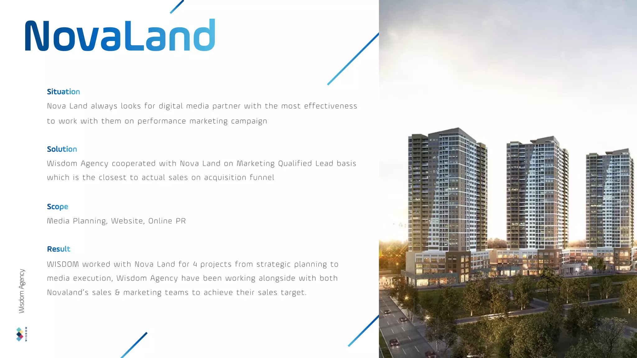 Nova Land always looks for digital media partner with the most effectiveness
to work with them on performance marketing campaign
Wisdom Agency cooperated with Nova Land on Marketing Qualified Lead basis
which is the closest to actual sales on acquisition funnel
Media Planning, Website, Online PR
WISDOM worked with Nova Land for 4 projects from strategic planning to
media execution, Wisdom Agency have been working alongside with both
Novaland’s sales & marketing teams to achieve their sales target.
Wisdom
Agency
 