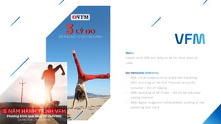 Clients since 2016 and likely to be for more years to
come
- 2016: initial cooperation on brand and marketing
- 2017: launching of the first financial service for
consumer – the VF-iSaving
- 2018: launching of VF-iTrade – the online individual
trading platform
- 2019: digital integration enhancement, building of the
marketing tech stack
 