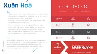 - Data research: primary research extensively on product end-user
together with interviews of all stakeholders to set direction for
brand growth and product development
- Branding: a holistic brand strategy with a 5-year time frame
toward international brand status
- Marketing: a new marketing strategy with focus on digital
platform and new product design together with production
optimisation advised by Japanese experts from Toyota
- Tech: new wesbite and tracking systems, the social platform
provides feedbacks for product improvement
Wisdom Agency are proud of being an exclusive strategic agency
of Xuan Hoa Furniture for two consecutive years 2016 and 2017 to
build and supervise all marketing-related activities. The
transformation immediately received good feedback from
customers and boosted sales volume over the top.
Wisdom
Agency
 