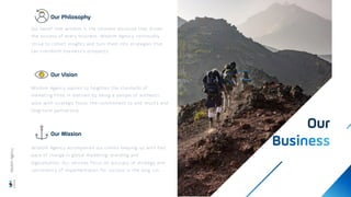 Our Philosophy
Our belief that wisdom is the ultimate attribute that drives
the success of every business. Wisdom Agency continually
strive to collect insights and turn them into strategies that
can transform business’s prospects.
Our Vision
Wisdom Agency aspires to heighten the standards of
marketing firms in Vietnam by being a sample of authentic
work with strategic focus, the commitment to end results and
long-term partnership
Our Mission
Wisdom Agency accompanies our clients keeping up with fast
pace of change in global marketing, branding and
digitalisation. Our services focus on accuracy of strategy and
consistency of implementation for success in the long run.
Our
Wisdom
Agency
 