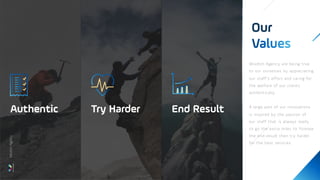 Our
Authentic Try Harder End Result
Wisdom Agency are being true
to our ourselves by appreciating
our staff’s effort and caring for
the welfare of our clients
authentically.
A large part of our innovations
is inspired by the passion of
our staff that is always ready
to go the extra miles to foresee
the end-result then try harder
for the best services.
Wisdom
Agency
 