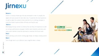 Jirnexu is a startup mobile app that was developed in order to simplify the
digital cash loan process for blue collar class. To optimize the user experience
as well as adjust the product, Jirnexu planned to run a testing campaign to
check the market response before officially launching the app.
Rearranging the app content to enhance the user flow and experience as well
as running a performance campaign to define which elements will drive users
away, which element should be optimized to maximize the future result.
Media planning, social content, landing page design, UX design, tracking system
Click through rate is up to 62% and many insightful datas is drawn.
Wisdom
Agency
 