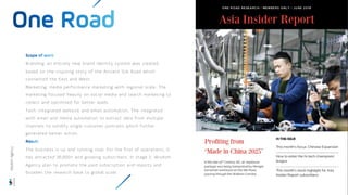 Branding: an entirely new brand identity system was created,
based on the inspiring story of the Ancient Silk Road which
connected the East and West.
Marketing: media performance marketing with regional scale. The
marketing focused heavily on social media and search marketing to
collect and optimised for better leads.
Tech: integrated website and email automation. The integrated
with email and media automation to extract data from multiple
channels to solidify single customer portraits which further
generated better action.
The business is up and running now. For the first of operations, it
has attracted 30,000+ and growing subscribers. In stage 2, Wisdom
Agency plan to promote the paid subscription and reports and
broaden the research base to global scale.
Wisdom
Agency
 