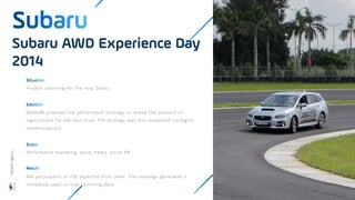 Product launching for the new Subaru
WISDOM proposed the performance strategy to relieve the pressure on
registrations for the test-drive. The strategy was also supported via digital
communications.
Performance marketing, social media, online PR
450 participants vs 200 expected from client. The campaign generated 5
immediate sales on that launching date.
Subaru AWD Experience Day
2014
Wisdom
Agency
 