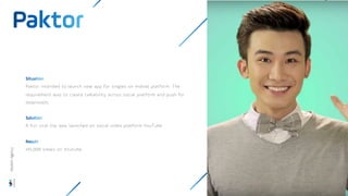 Paktor intended to launch new app for singles on mobile platform. The
requirement was to create talkability across social platform and push for
downloads
A fun viral clip was launched on social video platform YouTube
415,000 Views on Youtube
Wisdom
Agency
 